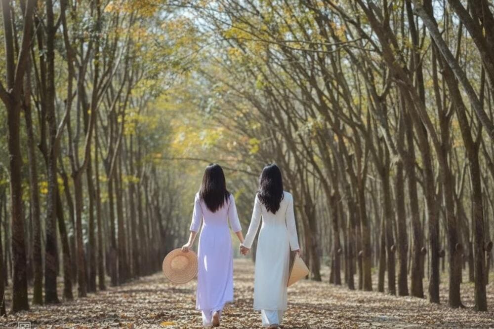 Con đường v&agrave;ng rực l&aacute; rơi, điểm check-in l&atilde;ng mạn v&agrave;o m&ugrave;a c&acirc;y cao su thay l&aacute;.